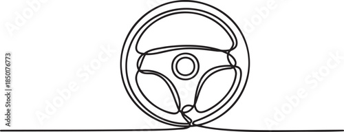 Continuous line drawing of a car steering wheel in an automobile interior