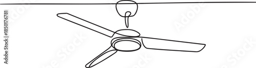 Continuous line drawing of a ceiling fan with spinning blades at home
