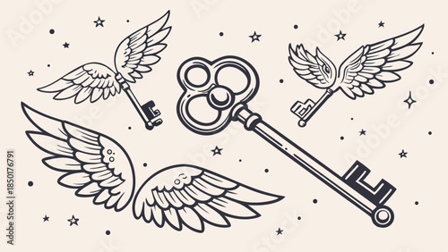 Winged Antique Key Illustration for Magic Secret Access Unlock Mystery Design Element Fantasy Tattoo Art