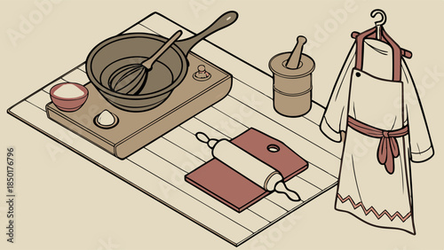 Rustic Baking Preparation Scene with Whisk Rolling Pin and Apron for Culinary Blog Design or Homemade Recipe Website