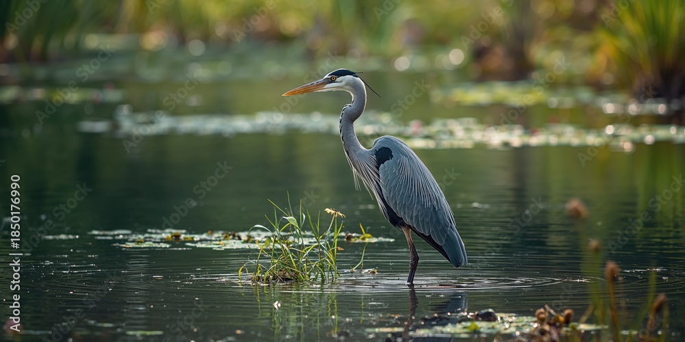 Naklejka premium Great blue heron in North American wetlands, focusing on bird conservation and habitat safety