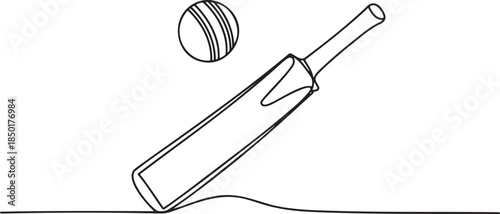 Continuous line drawing of a cricket bat and ball, capturing the essence of sports and traditional cricket game equipment
