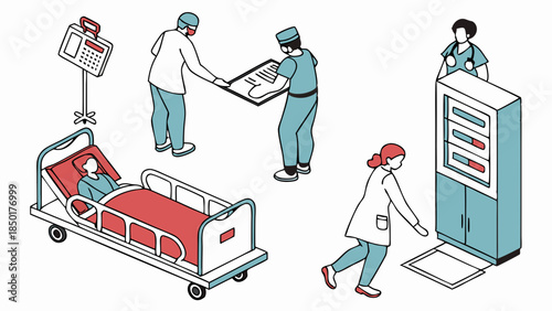 Isometric Hospital Room Illustration Medical Staff Working Doctor Nurse Patient Care Healthcare Services