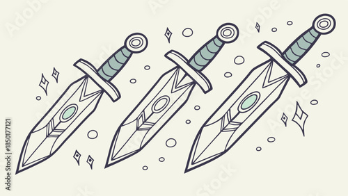 Three Powerful Magical Fantasy Daggers Vector. Enchanted Blades for Gaming, RPG Adventure, Mystical Storytelling, and Game Assets.