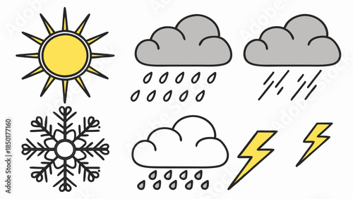 Weather Forecast Icons Set. Sun Clouds Rain Snow Lightning Symbols for Modern Mobile App UI UX Web Design, Climate Report, Presentation, Infographic Elements
