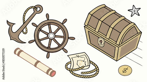Nautical Treasure Hunt Objects Vector Illustration Set. Pirate Chest, Ship Wheel, Anchor, and Map for Adventure and Discovery Design.