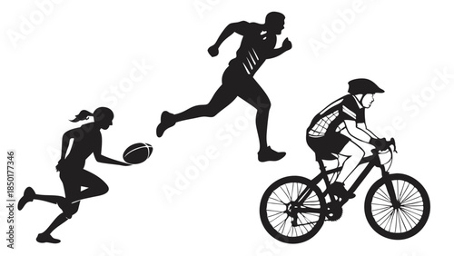 Dynamic Multi Sport Athletes Silhouettes Running Cycling and Rugby Fitness Training and Endurance Competition