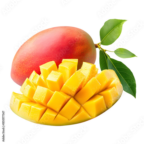 A red mango and half a mango, separated on a transparent background.