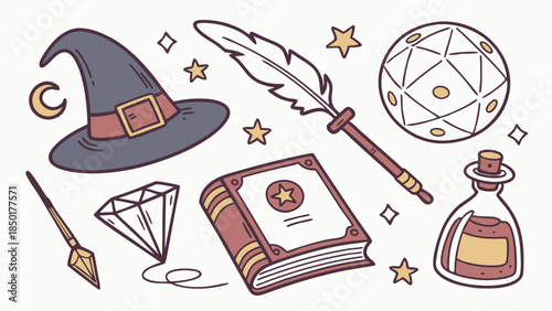 Magic Potion and Witch Hat Icon Set for Fantasy Game Design Spellbook Crystal Ball Illustration for Occult Web Graphics