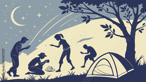 Friends Camping at Night Under Starry Sky. Outdoor Adventure and Relaxation. Nature Getaway Illustration for Travel and Lifestyle Marketing.