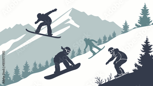 Dynamic Silhouettes of Snowboarders and Skiers Jumping and Riding Snowy Mountain Slopes. Thrilling Winter Sports Adventure for Travel and Outdoor Lifestyle Marketing.
