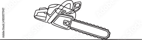 Continuous line drawing of a powerful chainsaw used for cutting wood