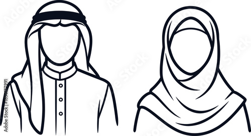 Vector illustration of a man and woman wearing traditional middle eastern clothing and headscarves