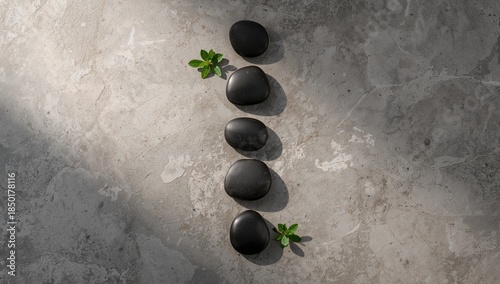 Collection of smooth spa stones and green leaves on neutral grey backdrop, suitable for wellness branding