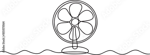 Continuous line drawing of an electric fan providing cooling relief in warm weather