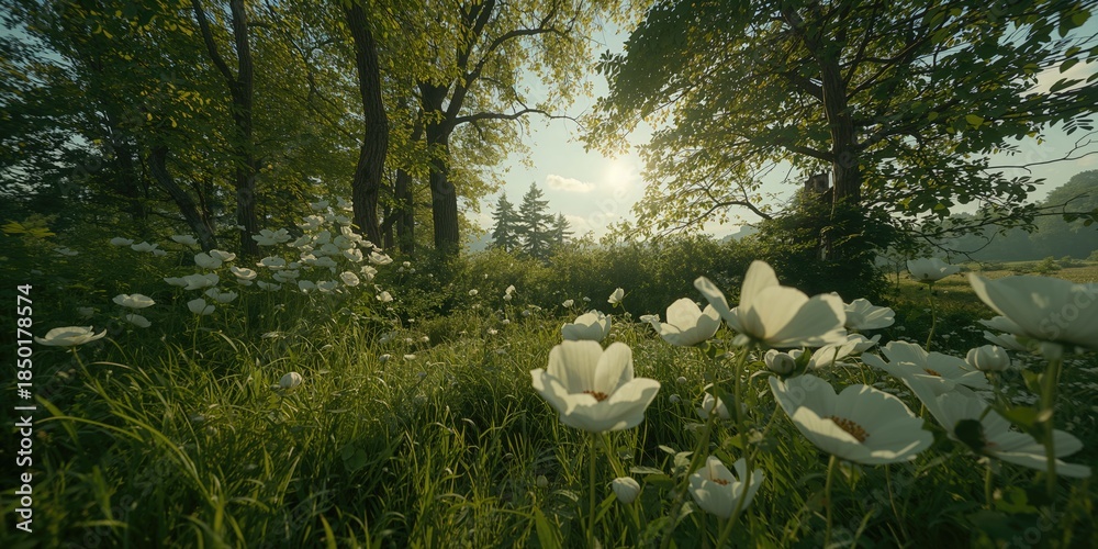 Fototapeta premium Full bloom white anemones with ambient lighting, ideal for botanical backgrounds or floral design