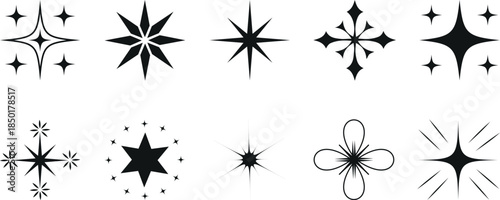 Collection of various black starburst and sparkle shapes on a white background