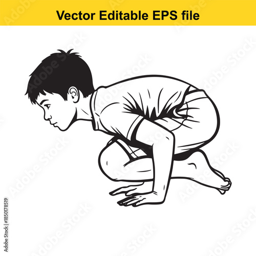  vector illustration of a young boy crouching down in a dynamic pose isolated on white background