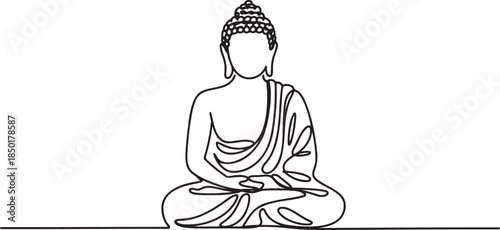 Continuous line drawing of meditating buddha on transparent background