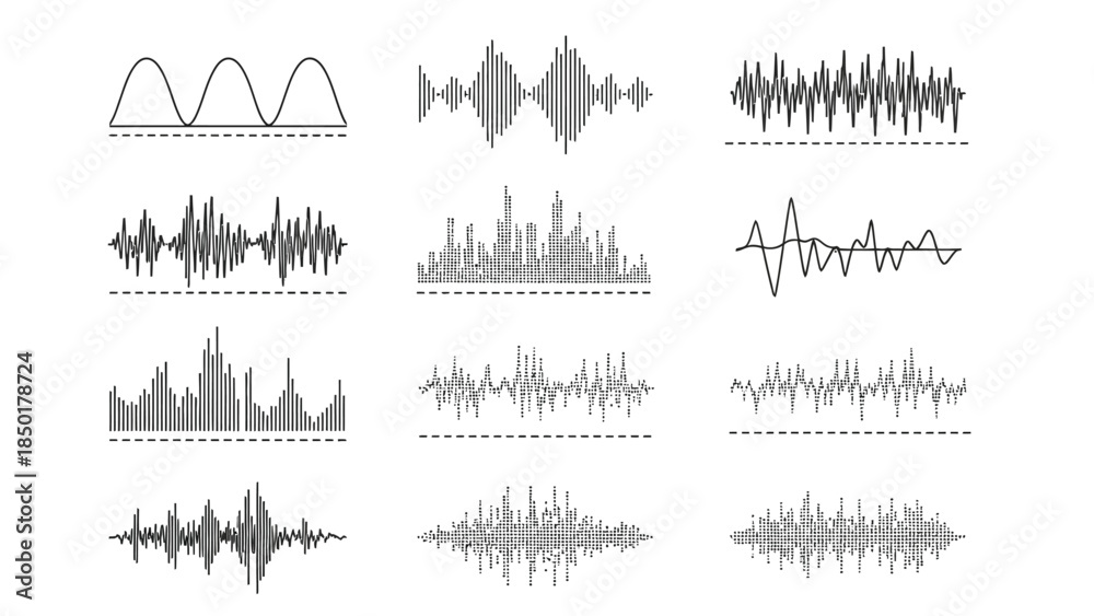 Fototapeta premium Various types of audio waveforms and sound visualization graphics