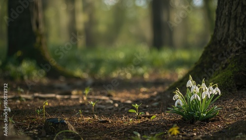 Snowdrops and lilies blooming in forest sunlight during early spring, nature preservation