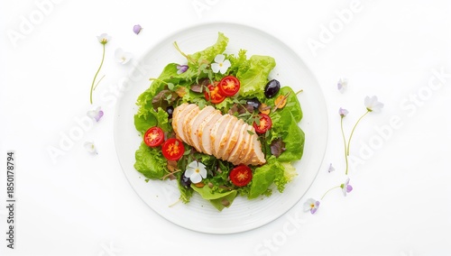 Fresh green salad with chicken breast and tomato used as a nutritious, fiber-rich dish for balanced diets