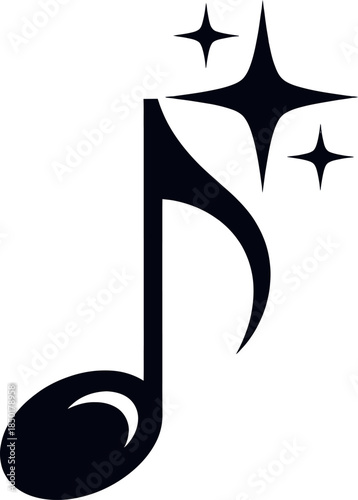 A black eighth note musical symbol with sparkles on a
