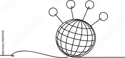 Global network concept represented by continuous line drawing of globe with connections