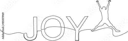 Joy word one line. Happy man jumping for joy one line with word. Continous line drawing of Man jumping for happiness. Editable stroke.
.