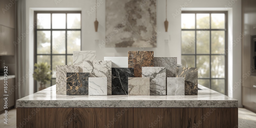 Obraz premium Varied natural and engineered stone countertops in a kitchen setting, emphasizing surface durability