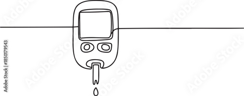 One line art of glucometer with drop of blood symbolizing diabetes testing