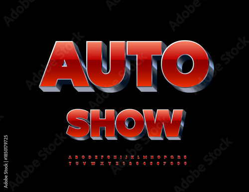 Vector Premium poster Auto Show. Trendy Red and Chrome Alphabet Letters and Numbers. Industrial 3D Font