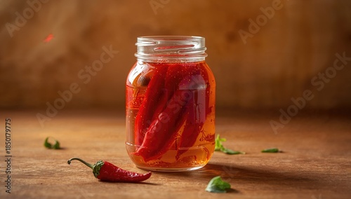 Spicy red chili peppers stored in a glass jar on a wooden background, emphasizing fermentation process, food safety, International Food Safety Day