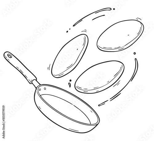 Vintage style hand drawn icon of pancakes flipping in a frying pan. Minimalist line art sketch for breakfast menus, culinary blogs, and cooking lifestyle designs.