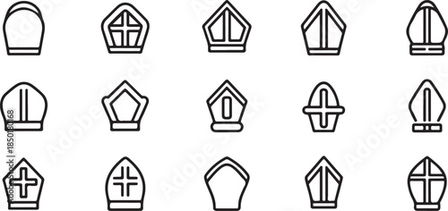 A comprehensive collection of outlined bishops mitre hat icons symbolizing Christianity and religious leadership