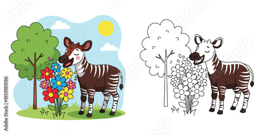 Cute Cartoon Okapi Smelling Colorful Flowers in a Sunny Park, Happy Animal Vector Illustration with Tree and Blue Sky Background for Kids and Nature Designs