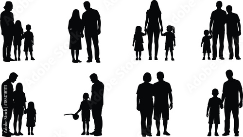 Family silhouette icon set, black vector people, adult and child groupings, caregiving and walking poses, minimal social design pack