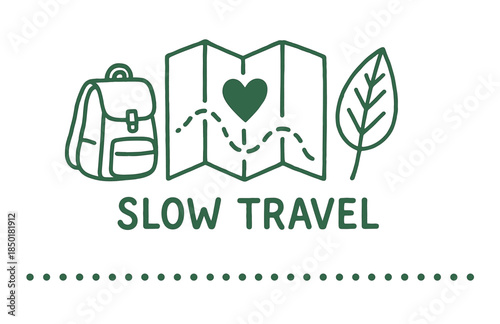 Embrace slow travel: backpack, map, heart, and leaf icons