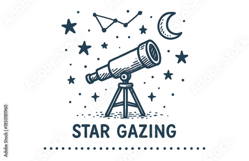 Telescope under starry night sky with constellation and crescent moon