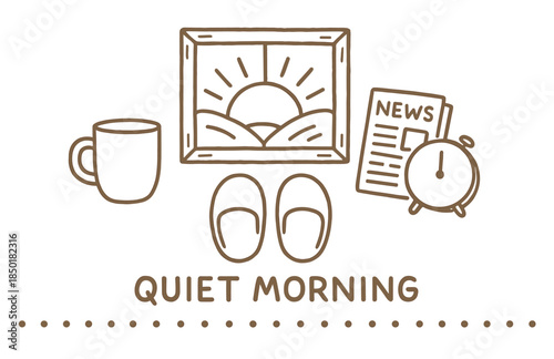 Cozy morning routine with coffee, newspaper, and sunrise