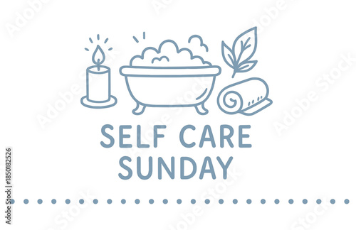 Relaxing self care sunday with candle, bath, towel, and leaf icon