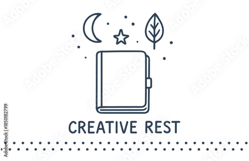 Creative rest: book with moon, star, and leaf doodle design
