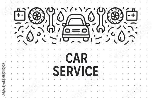 Automotive maintenance icons with car, tools, and spare parts