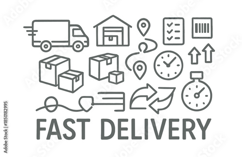 Fast delivery icons: truck, packages, warehouse, and timing elements