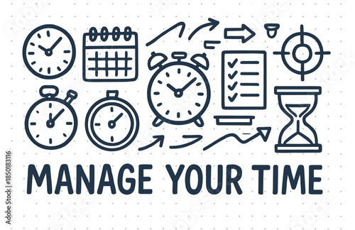Time management elements: clocks, stopwatch, calendar, checklist, hourglass