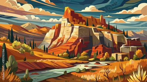 Very beautiful rustic wall art depicting a Wyoming landscape in late summer, featuring textured brushwork, fragmented forms, warm earth tones, and expressive impasto-inspired artistic style.