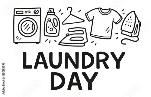 Laundry essentials: washer, detergent, clothes, iron, hanger icons