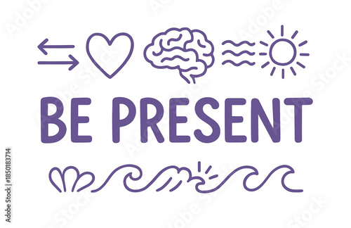 Be present: mindfulness concept with heart, brain, waves, and sun icons