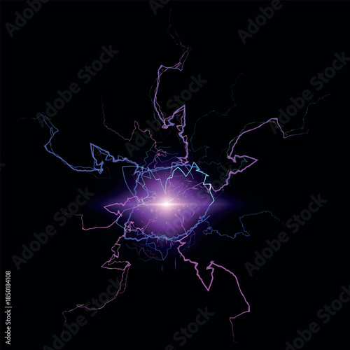Thunderbolt blast storm, purple fireball lightning effect on black, glow energy flash, magic burst rays, electric sparks