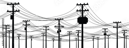 Silhouette of dense overhead power lines and utility poles against white electricity wires